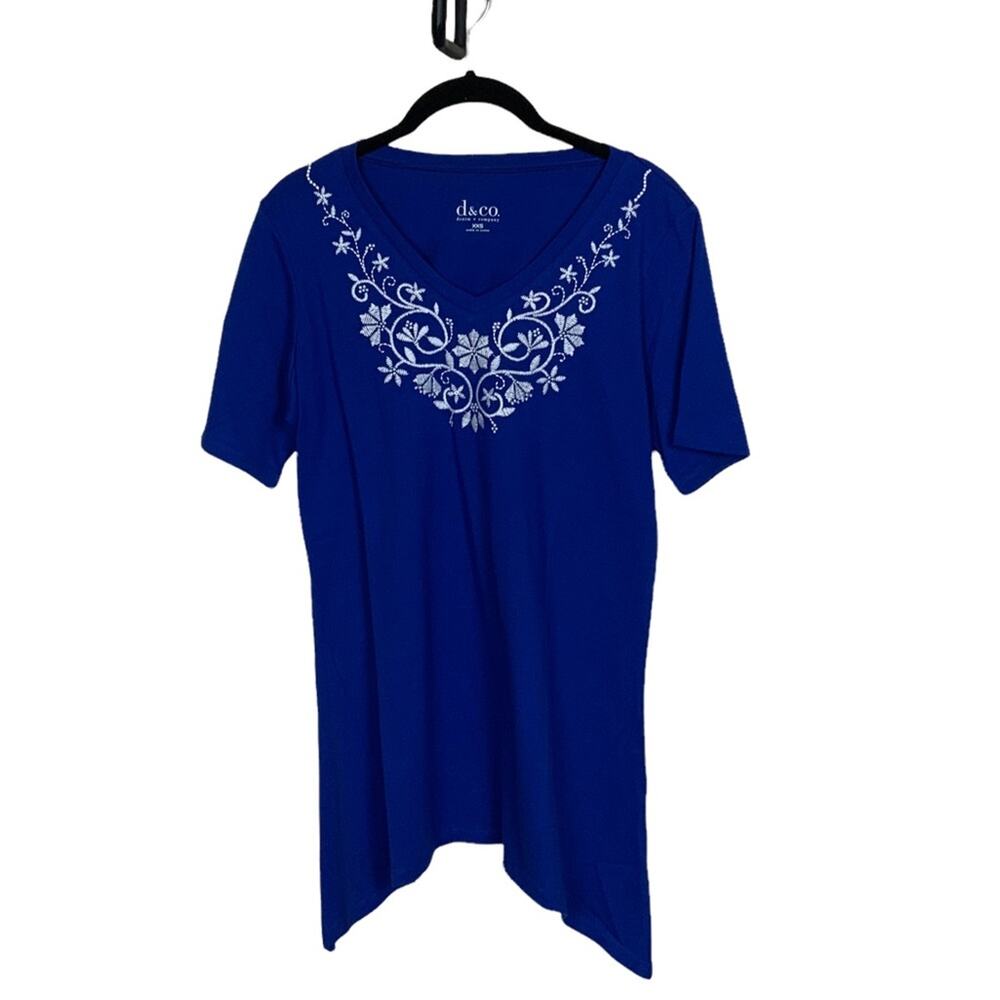Denim + Company Short Sleeve Sharkbite Tunic Cotton Knit Shirt Blue Size XXS